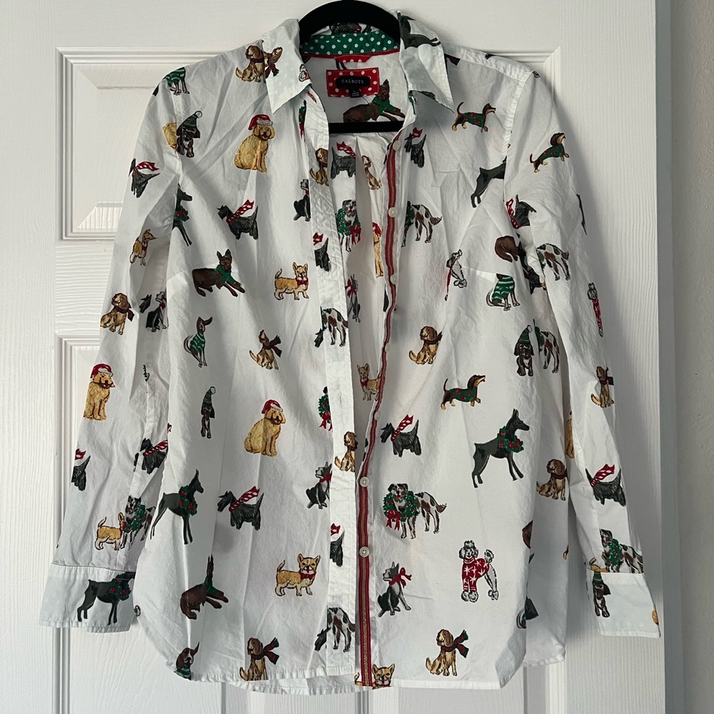 Talbots Festive White Shirt with Dog Print